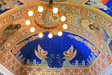 Lamp and hand-painted ceiling in Uzhhorod Castle (Ukraine). Built between the 13th and 18th centuries