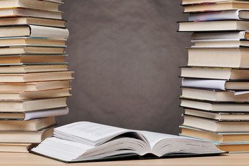 Book on table and gray background and copy space