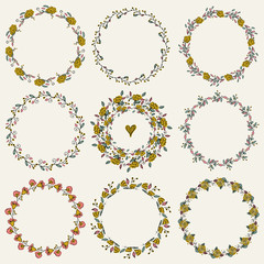 Set of nine hand-draw vector laurel wreaths. Sketch frames, hand-drawn in vintage style.