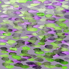 Seamless watercolor background with violet and green leaves.