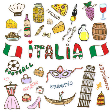 Doodle hand sketch collection of Italy icons. Italy culture elements for design. Vector color sketches travel set. Handwriting Italia lettering in italian language - Italy