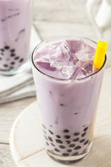 Homemade Taro Milk Bubble Tea with Tapioca