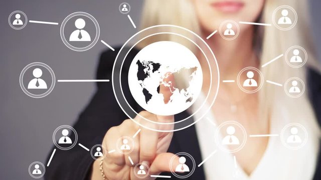 Businesswoman touch web button interface map online sign