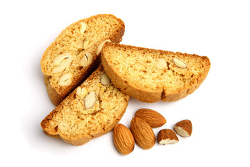 Italian cantuccini cookie with almond filling. Isolated on white background.