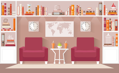 Interior design living room in the flat style. Vector illustration. Interior Concept. The living room, an office or a library with furniture, bookcases.