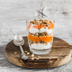Layered dessert with cream cheese, papaya puree and homemade granola.  Healthy breakfast or snack