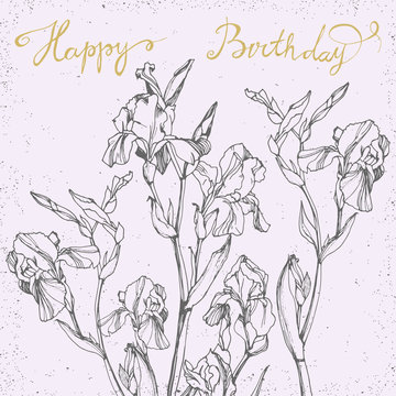Happy Birthday Card with bunch of irises.