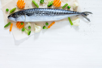 Fresh organic ingredients, vegetables and raw fish. Concept of h