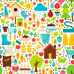 Spring Garden Vector Flat Design White Seamless Pattern