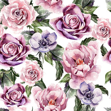 Watercolor pattern with flowers anemon, peonies,roses,  buds and petals.
