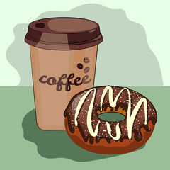 delicious donut, cartoon, cup of coffee