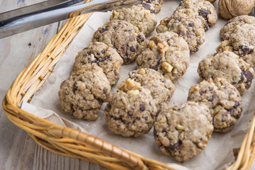 homemade chocolate walnut cookies with ingredients and kitchen u