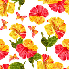 Seamless watercolor background pattern with hibiscus flowers and butterflies