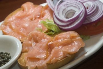 bagel breakfast  smoked salmon capers red onions