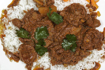 Close up of Mutton Curry with Jasmine Rice