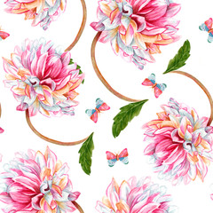 Seamless watercolor background pattern with dahlia flowers and backround