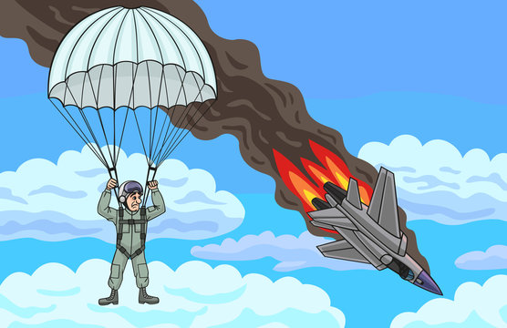 The pilot descends by parachute.