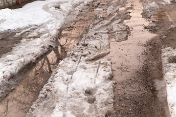 puddle on the road in winter