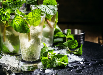 Alcoholic cocktail with vodka, mint tea, lemon juice, ice, sugar