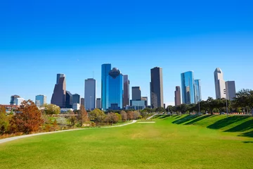 Poster Houston skyline in sunny day from park grass © lunamarina