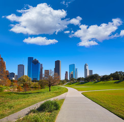 Houston skyline in sunny day from park grass