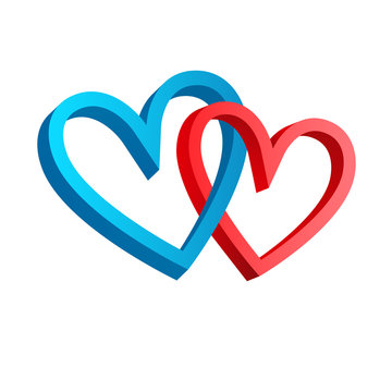 3D icon with his and her hearts. Blue and red isolated signs of hearts on white background. Two hearts Valentines day vector illustration. Vector element