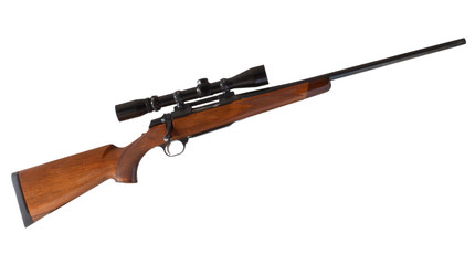 Bolt action rifle with a wood stock and high-powered riflescope isolated on a white background.