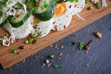 Healthy food and ingredients with tomato, cucumber, cabbage, gre