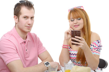 young couple with problems, woman phone