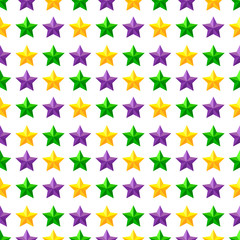 Seamless pattern with Mardi Gras Purple, Green and Yellow stars