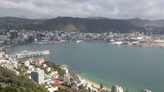 Scenic view of Wellington city and harbor, New Zealand - time lapse 