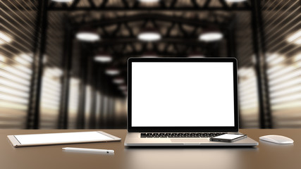 Laptop, tablet, smartphone, mouse,and pencil on the background of the hall. Template, mockup.
