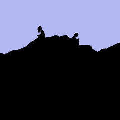 Silhouette of divorced couple sitting on hill