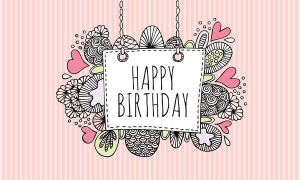 Happy birthday Doodle Vector Lineart with Pink Stripe Background