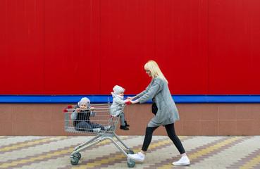 Mother rolls in the cart of children. © Irina84