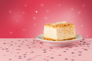 Close up of a delicious colorful baked cake with star background