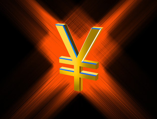 three-dimensional image of golden yen symbol among the colored r