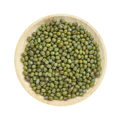 Mung beans in wooden bowl isolated on white background