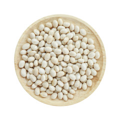 White bean in wooden bowl isolated on white background