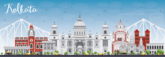 Kolkata Skyline with Gray Landmarks and Blue Sky.