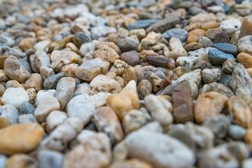 Background of colorful beach pebbles of different shape and size. Shallow DOF. Selective focus.