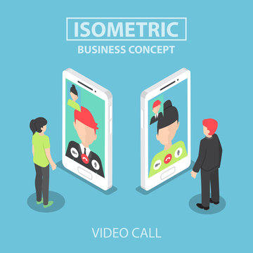 Isometric Businessman Make Video Call With His Colleague On Smar