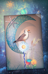 Starry sky background with fairytales moon,stars and bird.