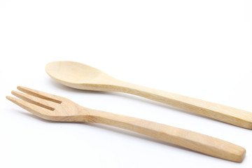 Wooden Spoon and Fork Isolated on white Background
