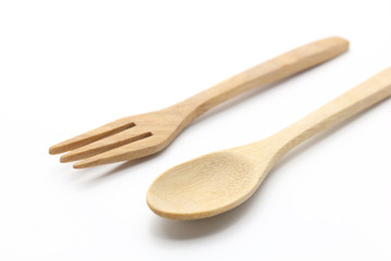 Wooden Spoon and Fork Isolated on white Background