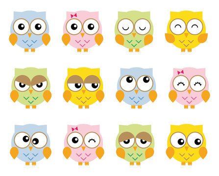 Set twelve nice simple owls in various moods cartoon style