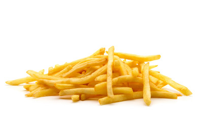 a pile of appetizing french fries on a white background
