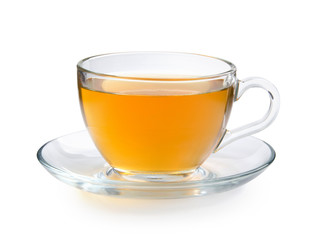 Glass cup of tea isolated on a white background with clipping path. Front view.