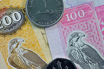 Close up different Dirhams currency note and coins, United Arab Emirates
