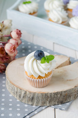 Summer cupcakes with blueberries and mint flavoured cream. Homemade.